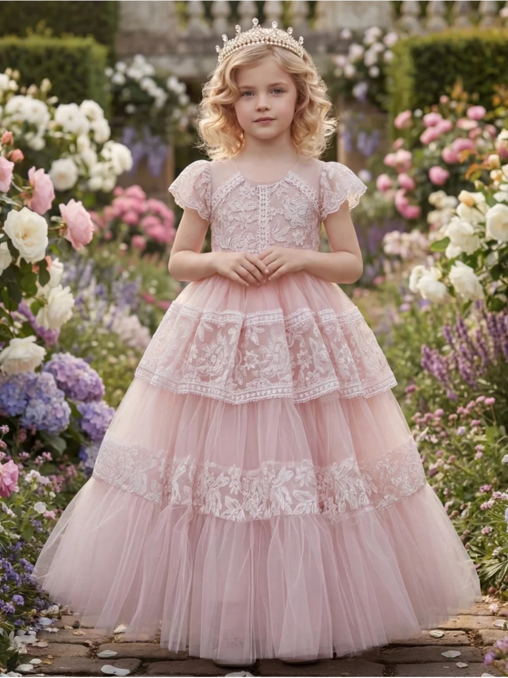 Blush Pink Lace Tulle Party Dress for Girls